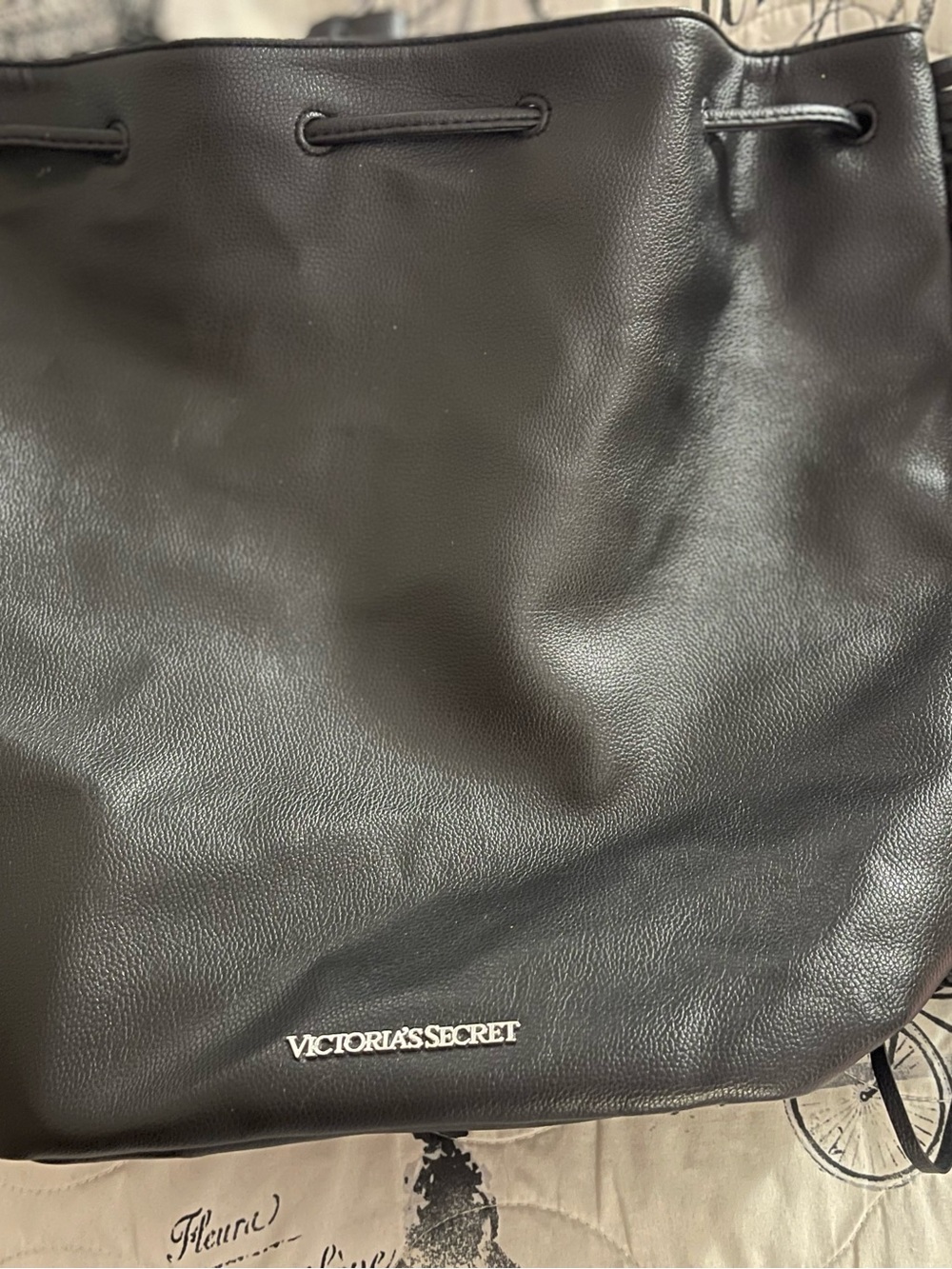 Victoria's Secret Black Faux Leather Drawstring Backpack